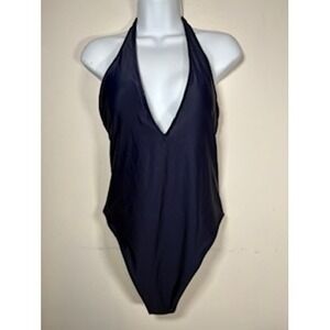 Aerie One Piece Swimsuit Medium Navy Blue Plunging Halter Neck Open Back Swim